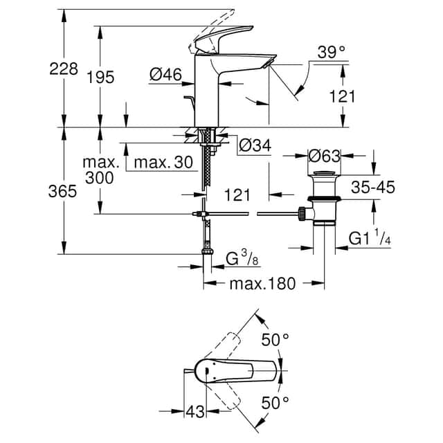 GROHE: Waschtisch-
Einhandmischer EUROSMART M,
Hochdruck verchromt