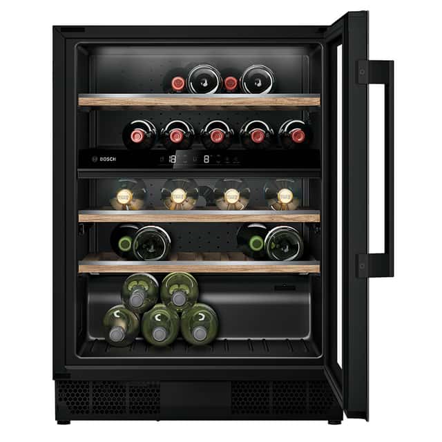 BOSCH Unterbau-Weinkühlschrank
KUW21AHG0 mit Glastür, 600 mm
breit Schwarz