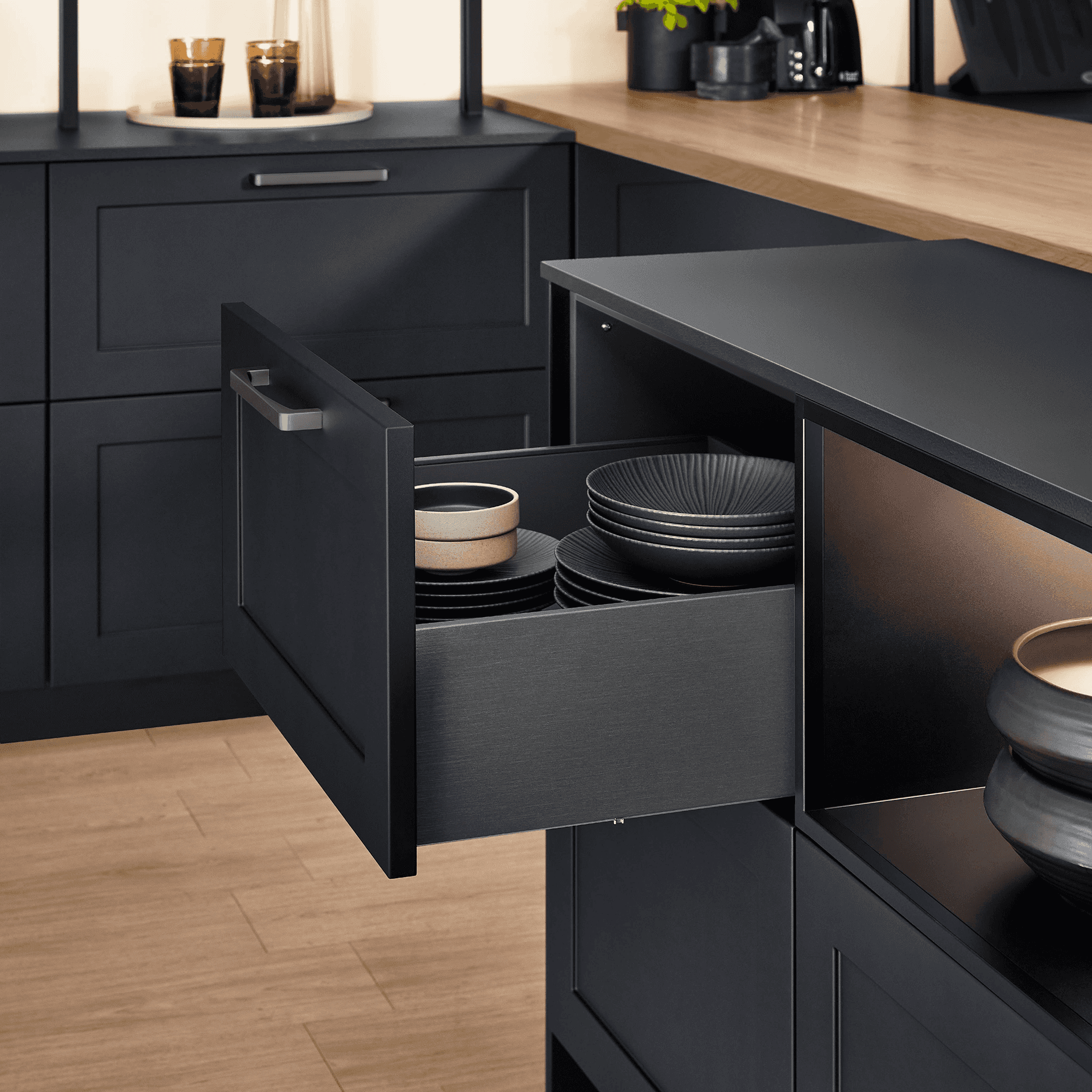 Unterschrank 2 Auszüge Insel in Lack, Schwarz Perfect matt - Nordic